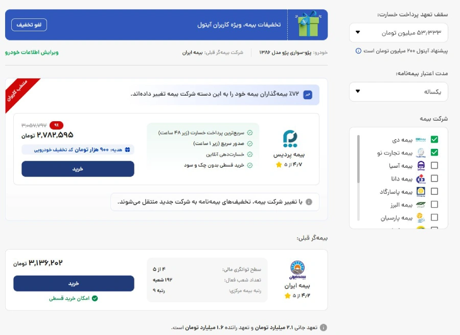 بیمه شخص ثالث برای ۲۰۶ مدل ۸۶