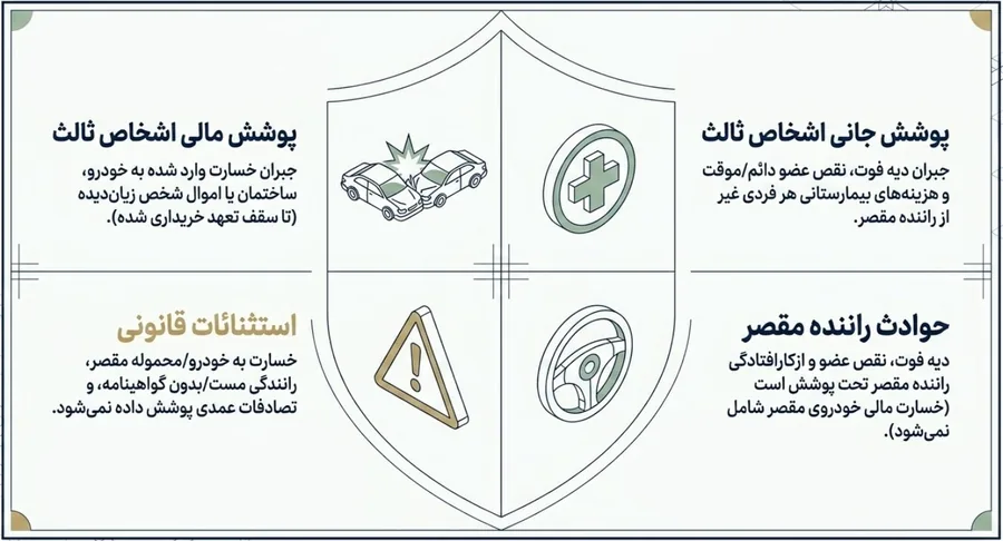 محدوده پوشش بیمه شخص ثالث شامل پوشش مالی، جانی، حوادث راننده مقصر و استثنائات قانونی
